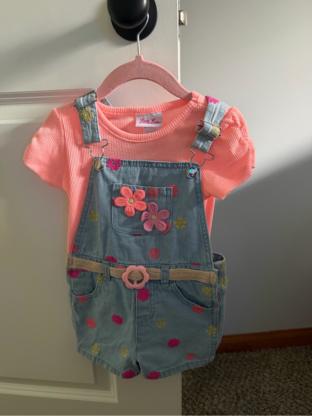 Little Lass Denim Floral Shortall Set with Coral Pink Tee